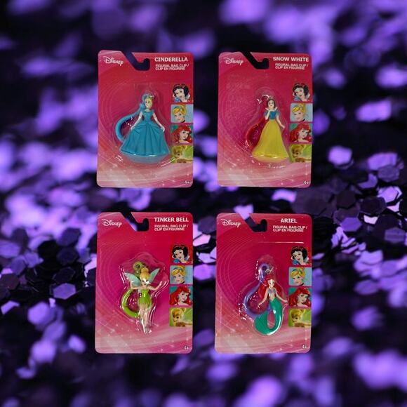 Set 4 Disney Princess Figural Bag Clips Cinderella Snow White Ariel Tinker Bell - Picture 1 of 7